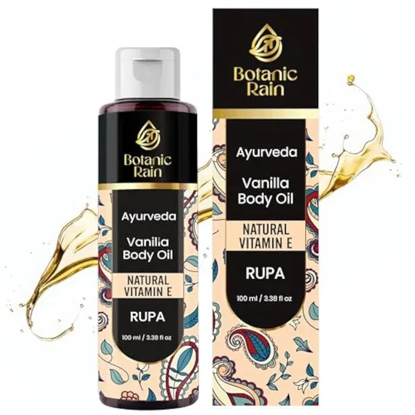 Ayurveda Vanilla Body Oil, Moisturizing & Hydrating Organic Vitamin E Oil, Body Oil For Women After Shower, Ayurveda Products For Crepey Skin - 3.38 Fl Oz (1)