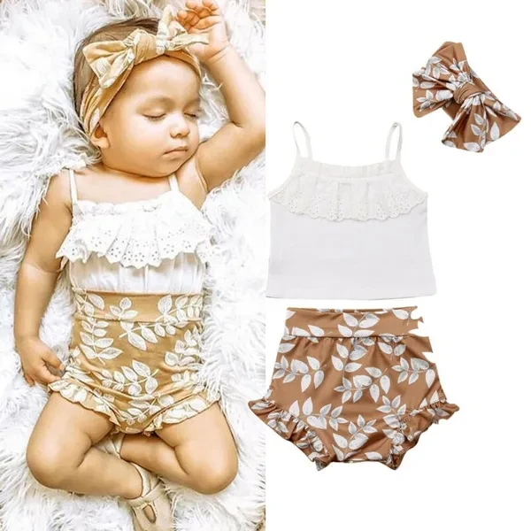 3PCS Toddler Baby Girl Summer Clothes Lace Sling Tops Floral Shorts Outfits 0-24M