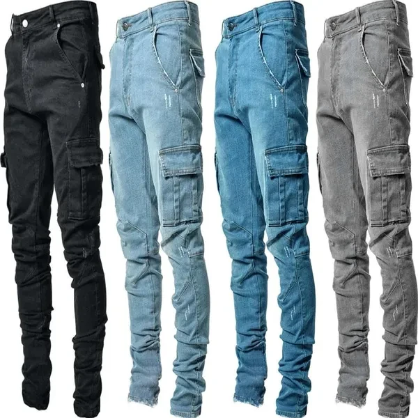 Man Stretch Jeans Ripped Skinnys Jeans Fashion Straight Leg Denims Jeans Pant Highs Waist Cargo Denims Pant