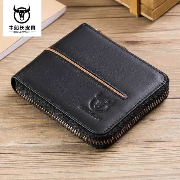 BULLCAPTAIN Leisure Genuine Leather Men Wallets Credit Business Card Holders Zipper Cowhide Leather Wallet Purse