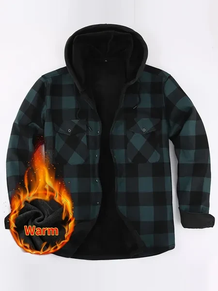 Loose Jacket Men's Autumn and Winter Warm Jacket Fashion Casual Plaid Long Sleeve Pocket Hooded Jacket