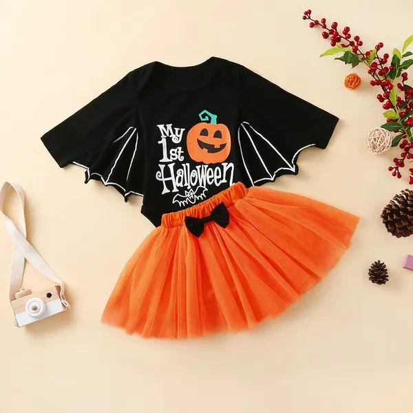 My 1st Halloween Pumpkin Baby Girls Long Sleeves Romper and Skirt 2PCS Outfits Costume Clothes for 0-24 Months