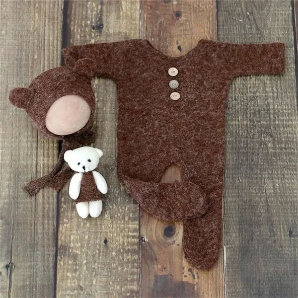 Newborn Photography Costume Set Baby Knit Clothing with Bear Hat & Lovely Baby Photo Props for Boy Girl PHO