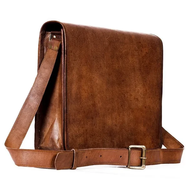 Slim Pure-Leather Laptop Messenger – Handmade Minimal Brown Shoulder Bag w Rear Zip Pocket