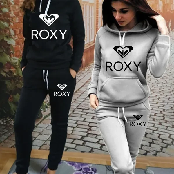 ROXY-Womens NEW Women Fashion Two Pieces Tracksuit Set Printed Sport Suit Autumn/winter Hoodie + Trousers Set Jogging Suit Long Sleeves Tops+ Long Pants Suit Plus Size S-4XL