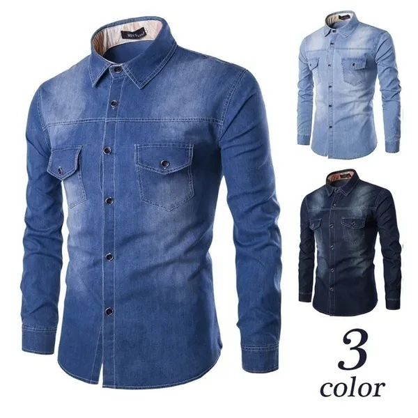 Mens Denim Jean Shirts Men's Cowboy Shirt