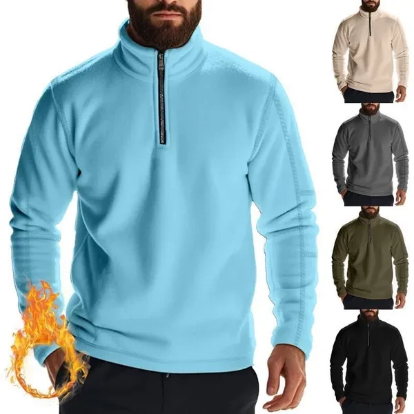Men's Autumn Winter Stand-up Collar Semi-zipper Long Sleeved Sweaters Pure Color Warm Sweatshirts Men's Fleece Tops