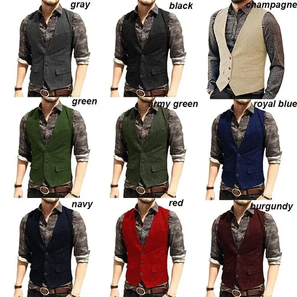 Men's Fashion Suit Vest V-neck Casual Waistcoat Single-breasted Slim Fit Vestcoat Sleeveless Jacket for Men
