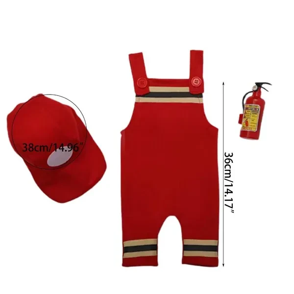 Newborn Fireman Costume for Photography Photo Clothes Hat Suspender Romper Photo Props 0-3M Baby Photo Outfit OUY