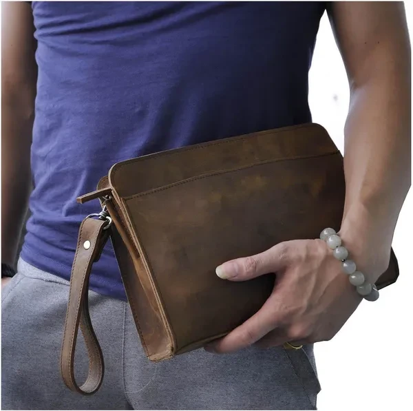 Mens Genuine Leather Business Briefcase Sling Messenger Shoulder Clutch Hand Bag Removable Wristlet