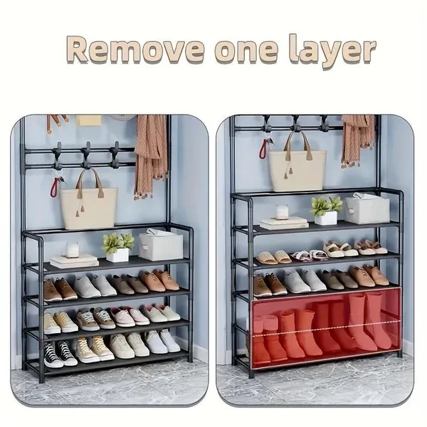 1 pc Elegant Multi-Tier Coat & Shoe Organizer 5 Shelves, 8 Hooks - Maximize Space in Entryways, Living Rooms